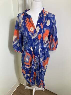Banjanan Blue/Orange Midi Ikat Dress Sz S
